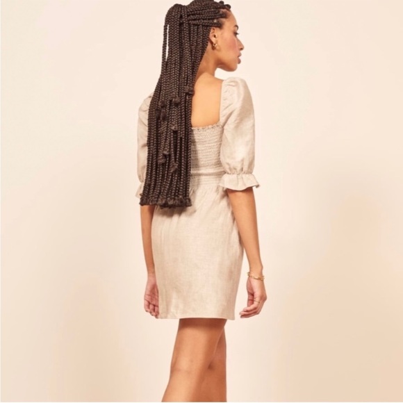 Reformation Cerise Linen Smocked Puff Sleeve Mini Dress in Sand Size Small - Picture 3 of 13